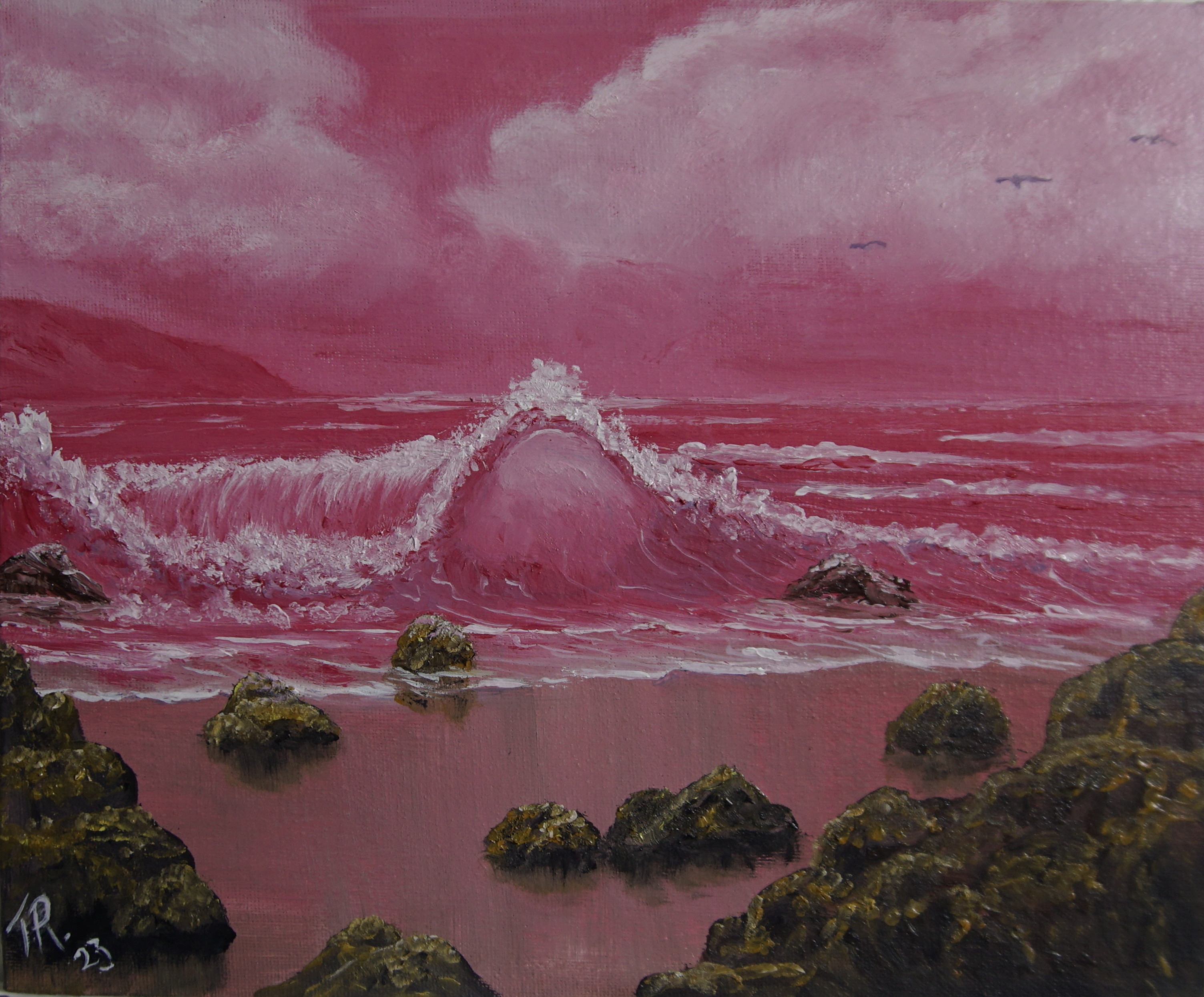 Pink Seascape with rocky beach